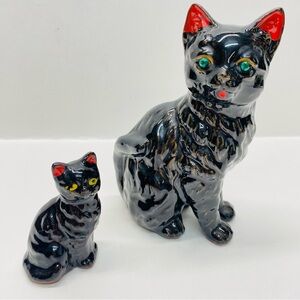 Vintage Japan Ceramic Redware Cats Set of 2 Red Ears 1-Green Jewel Eyes 1-Yellow